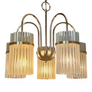Vintage Gaetano Sciolari 5-Light Brass Chandelier With Alternating Frosted & Clear Glass Rods For Sale