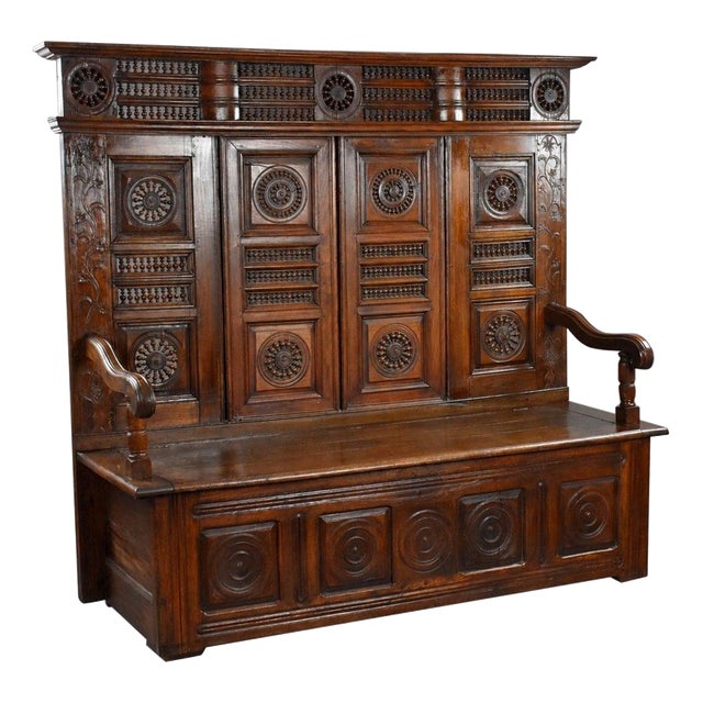Carved Oak Hall Bench, 1890 For Sale
