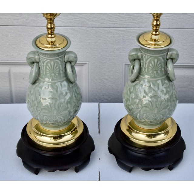 Vintage Celadon Porcelain Table Lamps Pair Mid Century Chinese Vase Style For Sale In Philadelphia - Image 6 of 16