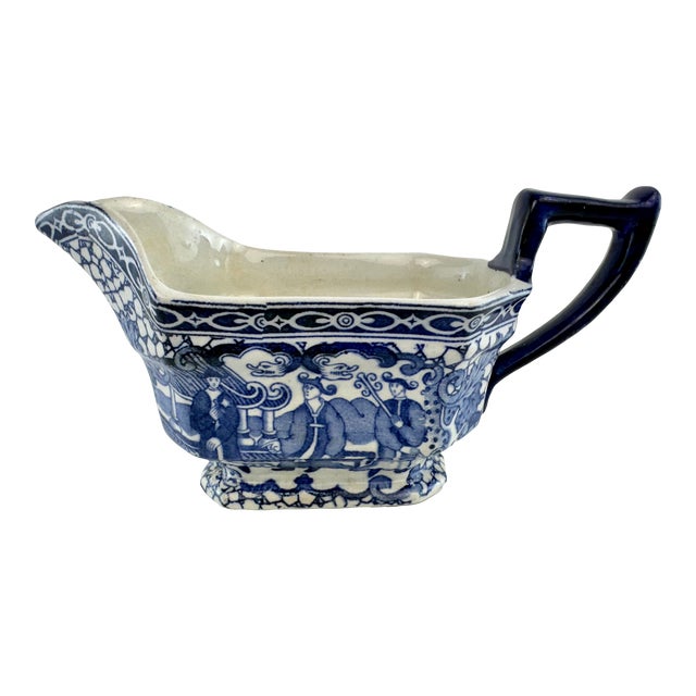Antique Late 19th Century English Adams Blue and White Transferware Gravy Boat For Sale
