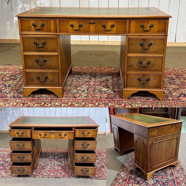 1970s English flat desk with drawers, made of yew and leather top - W=1.25m D=64cm H=75cm H under drawer 58.5cm