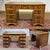 1970s English flat desk with drawers, made of yew and leather top - W=1.25m D=64cm H=75cm H under drawer 58.5cm