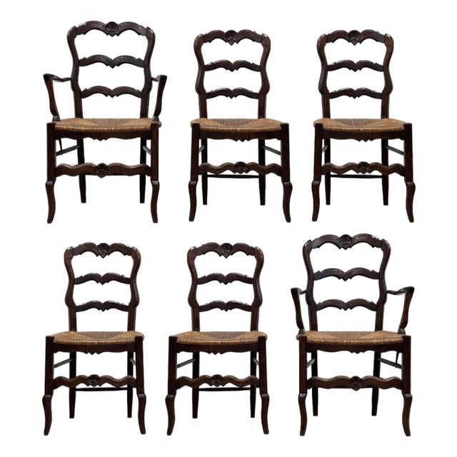 Antique Carved Wood French Country Rush Seat Dining Chairs, S/6 For Sale