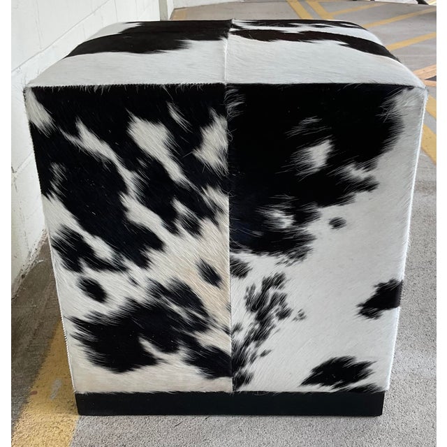 Timeless Modern Black and White Hair on Hide Ottoman, showroom floor sample