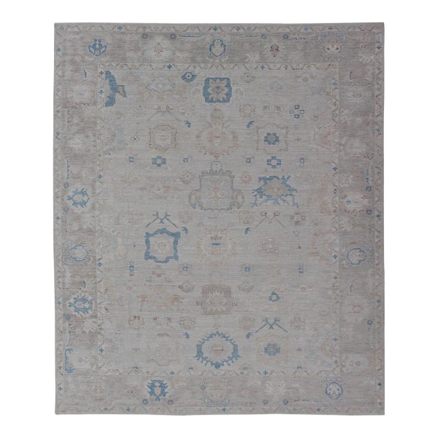 Modern Tribal Oushak Rug by Keivan Woven Arts, Off-White With Blue, 9'4" X 11'10 For Sale