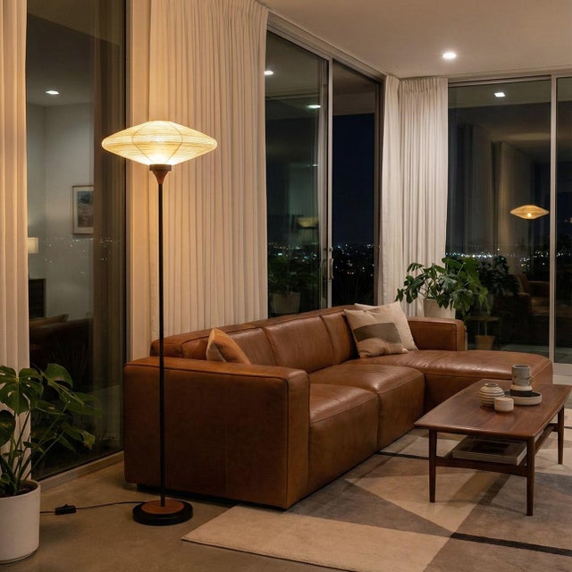 Roswell Torchiere Floor Lamp - Matte Black, Walnut, Washi Linen Shade, Black Marble Base, Dimmer Switch For Sale - Image 4 of 16