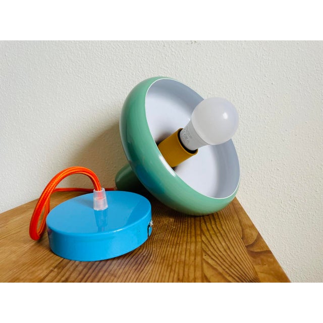 Blue Bauhaus Green Metal Pendant Light, 1950s For Sale - Image 8 of 12