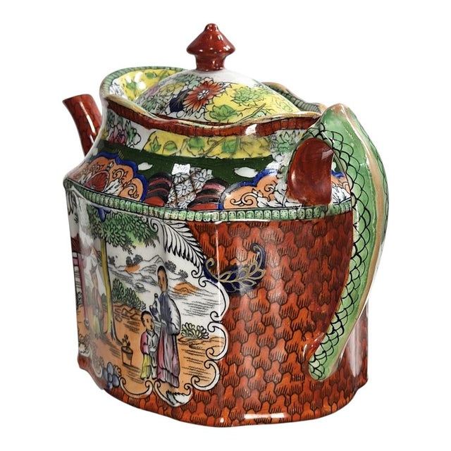 Patent Ironstone New Oval Teapot with Red Scale Conversation Decor, 1820-1830 For Sale - Image 5 of 12