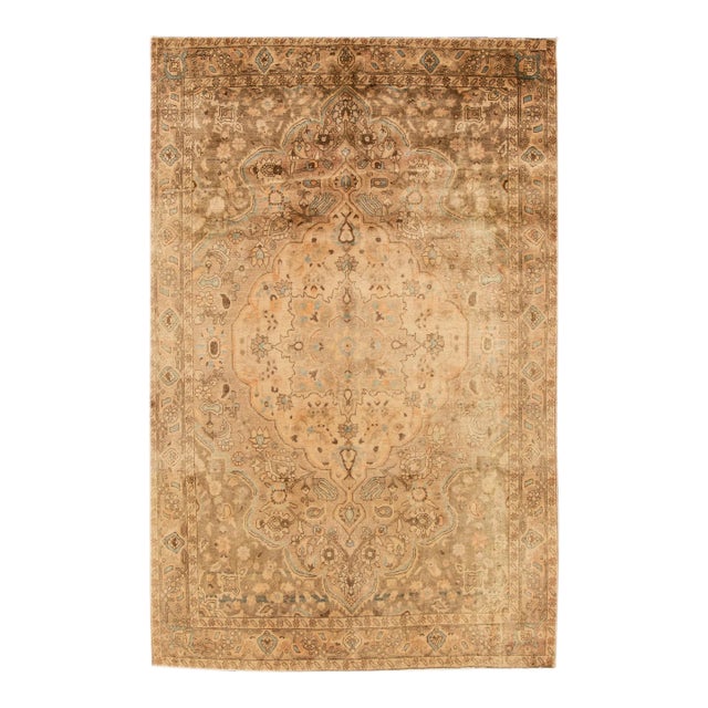 Vintage Tabriz Handmade Beige Medallion Floral Wool Rug For Sale