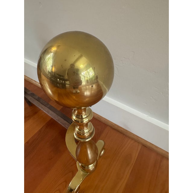 English Early 20th Century, Howes-Marked Brass Fireplace Tool Set and Stand With Cannonball Andirons, Made in Usa For Sale - Image 3 of 13