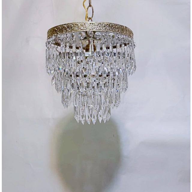 Brass Vintage Hollywood Regency loral Embossed Brass Tiered Waterfall "Wedding Cake" Crystal Chandelier For Sale - Image 8 of 8