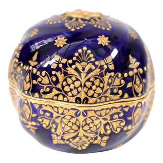 Antique Spherical Cobalt Blue Jewelled Porcelain Trinket Box from Coalport, 1880 For Sale