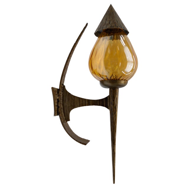 Large French Hand-Forged Iron and Glass Wall Lamp, 1960s For Sale