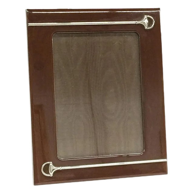 Italian Brown Lacquered Picture Frame With Silver Plated Horsebit from Gucci For Sale