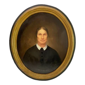 Antique Oval Portrait Oil Painting of Woman in Puritan Dress