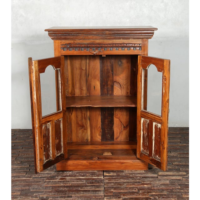 2000 - 2009 Solid Reclaimed Hand Carved Teak & Glass Cabinet, 2 Doors For Sale - Image 5 of 7