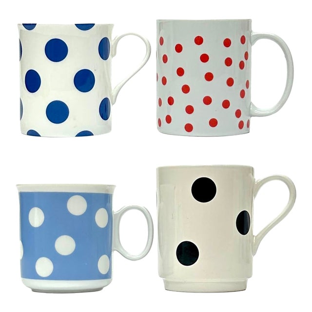 Vintage White Ceramic Mugs With Multicolor Polka Dot Pattern, Group of 4. For Sale