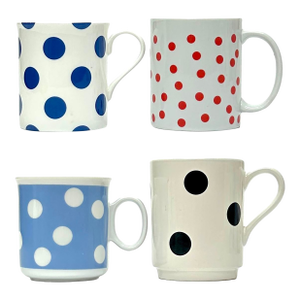 Vintage White Ceramic Mugs With Multicolor Polka Dot Pattern, Group of 4.