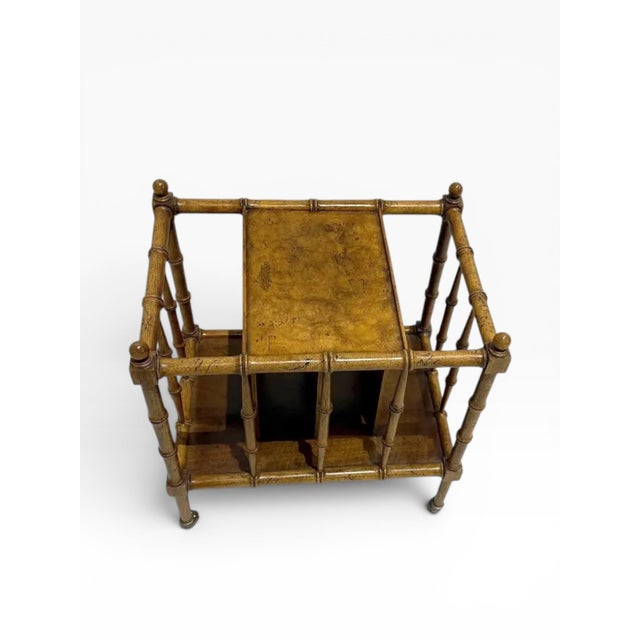 Traditional 1960s Vintage Baker Furniture Burl Wood Faux Bamboo Form Canterbury Magazine Rack For Sale - Image 3 of 11