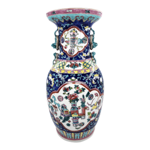 18” Chinese Early-to-Mid 20th Century Jingdezhen Famille Rose Porcelain Vase Qing-Style Polychrome Enameling With Figural Lion Handles