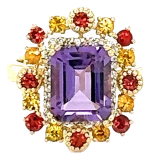 4.31 Carat Natural Amethyst Diamond Sapphire Yellow Gold Cocktail Ring, Size 7