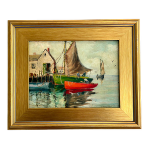 Original 20th Century New England Harbor Scene Oil Painting on Board by w.h. Godfrey