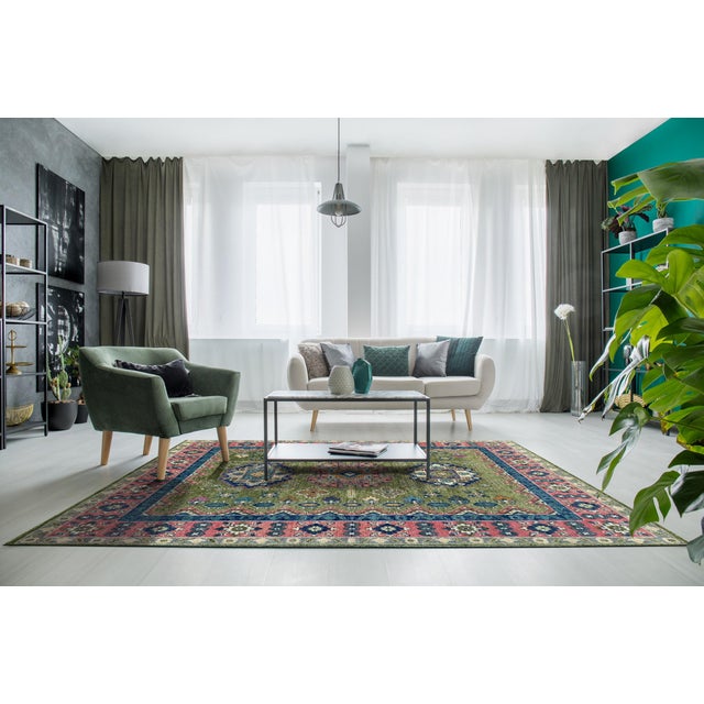 2020s 9x12 Ava Kazak Light Green Hand Knotted Wool Geometric Medallion Carpet Rug For Sale - Image 5 of 5