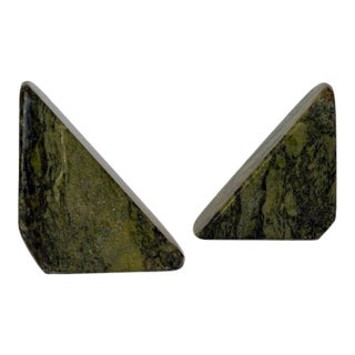 Vintage Sculptural Geometric Connemara Green Marble Bookends - A Pair For Sale