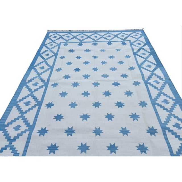Sky Blue Handmade Cotton Vegetable Dyed Sky Blue and White Star Patterned Diamond Rug - 8'x10' For Sale - Image 8 of 11