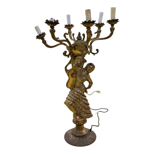 Golden Candleholder with Figure For Sale
