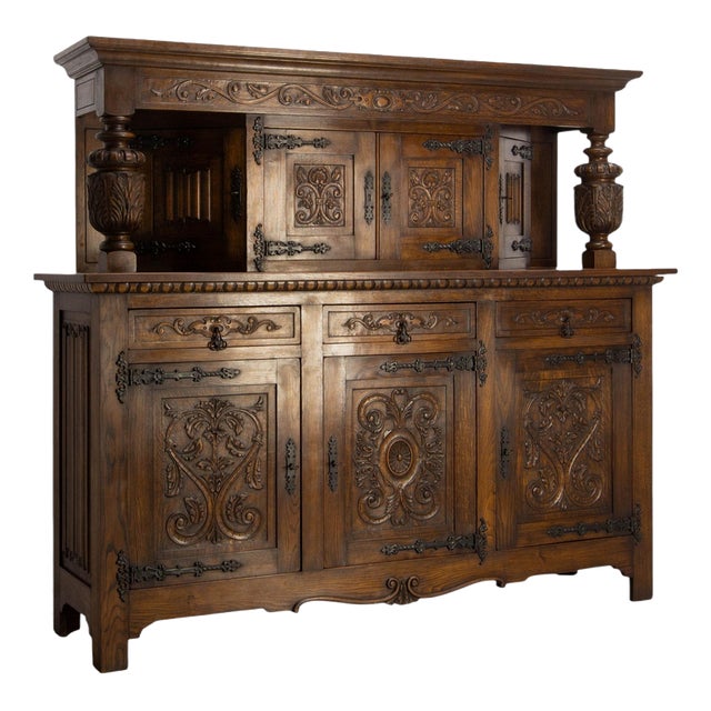 Vintage Spanish Oak and Wrought Iron Sideboard, 1950s For Sale