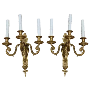 19th C. French Dore Bronze 3-Arm Sconces