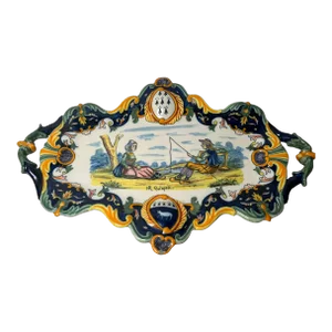 Antique Quimper Tray With Handles, Signed
