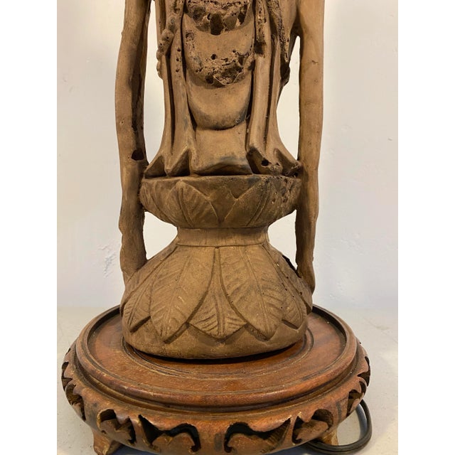 Brown Mid 20th Century Standing Quan Yin Stoneware Table Lamp For Sale - Image 8 of 12