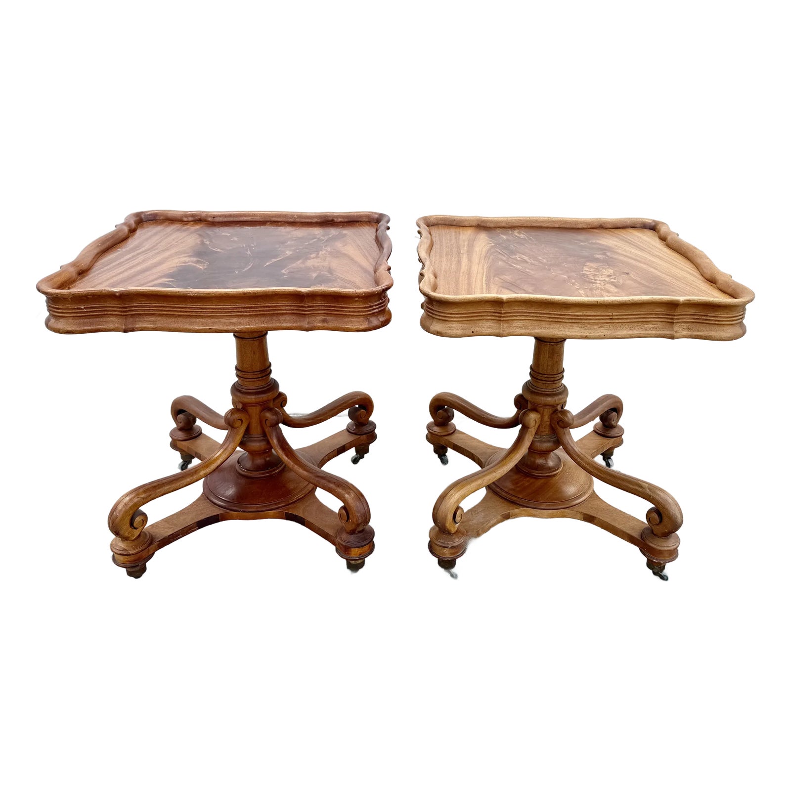 Pair of Art Nouveau Wooden Entry Hall Tables on Casters | Chairish