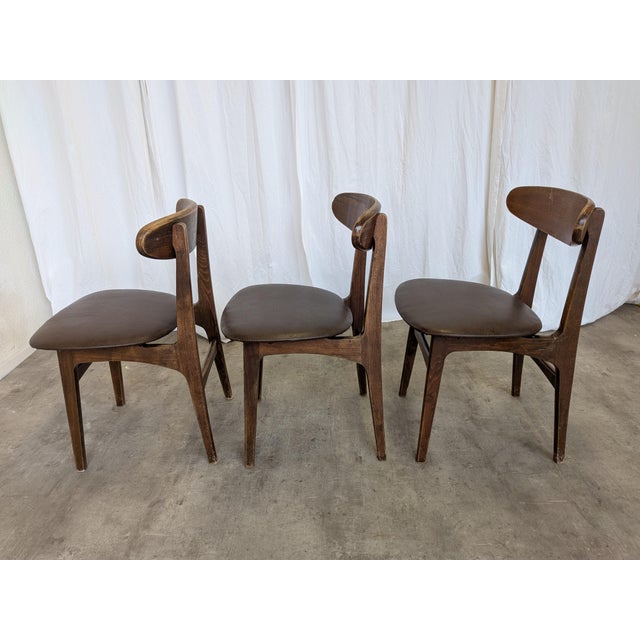 1970s Vintage Wooden Dining Chairs with Brown Leather Seats, 1970s, Set of 3 For Sale - Image 5 of 18