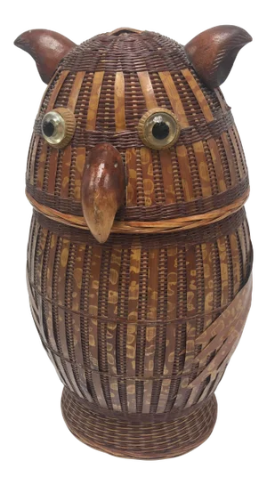 Vintage Boho Chic Style Lidded Cane Owl Basket