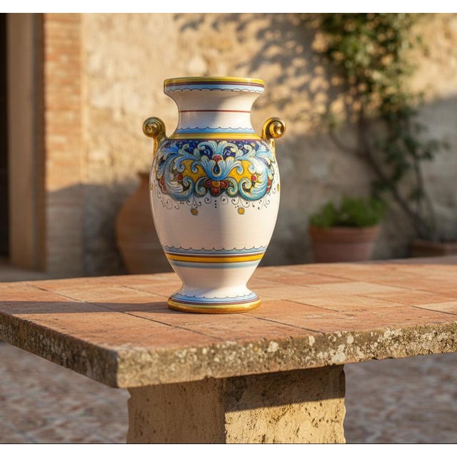 Gialletti Deruta Italian Majolica Pottery Brightly Hand Painted & Gold Urn Vase For Sale - Image 12 of 12