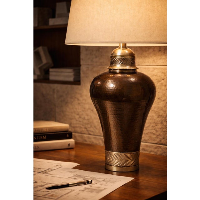 Copper Vintage Hammered Bronze Table Lamp With Chevron Nickel Band & Linen Shade – Sculptural Designer Style – 34” For Sale - Image 8 of 12