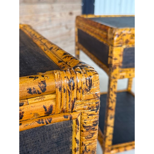 Black Pair Vintage British Colonial Tortoise Finish Rattan & Grasscloth Nightstands For Sale - Image 8 of 12