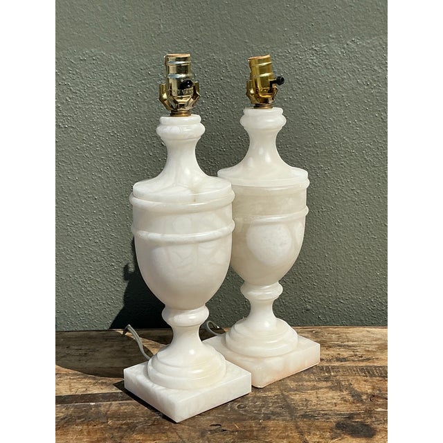 Alabaster Vintage Carved Alabaster Lamps - A Pair For Sale - Image 8 of 12