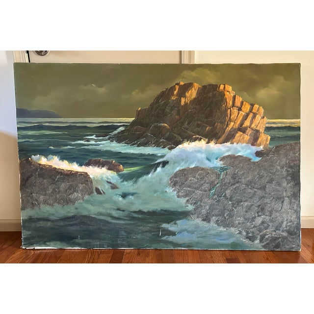 Beautiful, original oil painting on canvas of a rocky coast seascape. From the estate of New Jersey artist Alfred Lockwood.