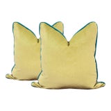 Chartreuse Velvet With Turquoise Trim Sofa Pillows - A Pair For Sale