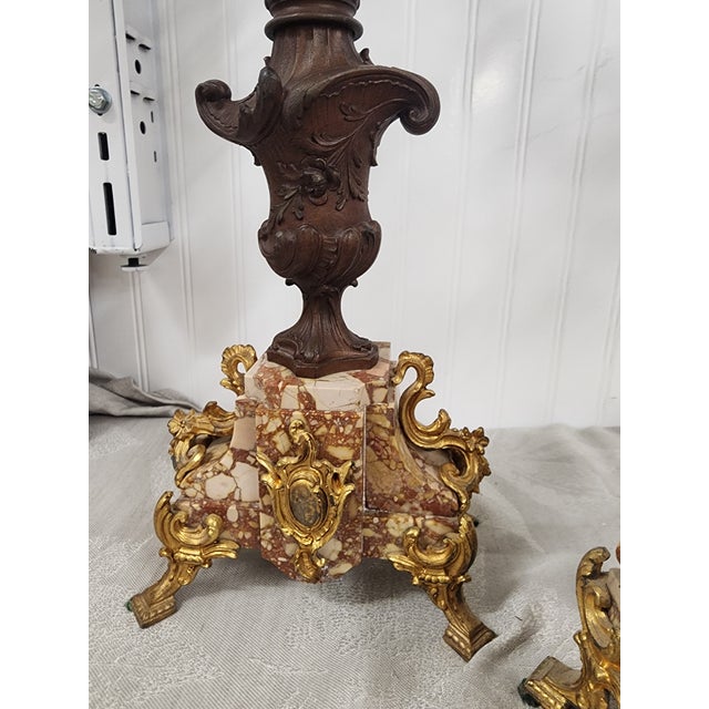 Cinnamon Fabulous French Bronze Trio Antique Clock and 2 Candelabras For Sale - Image 8 of 10