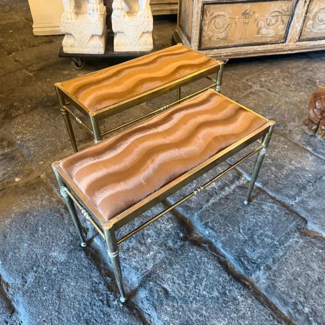 Brass Two 1950s Mid-Century Modern Brass and Brown Velvet Rectangular Italian Stools For Sale - Image 8 of 16