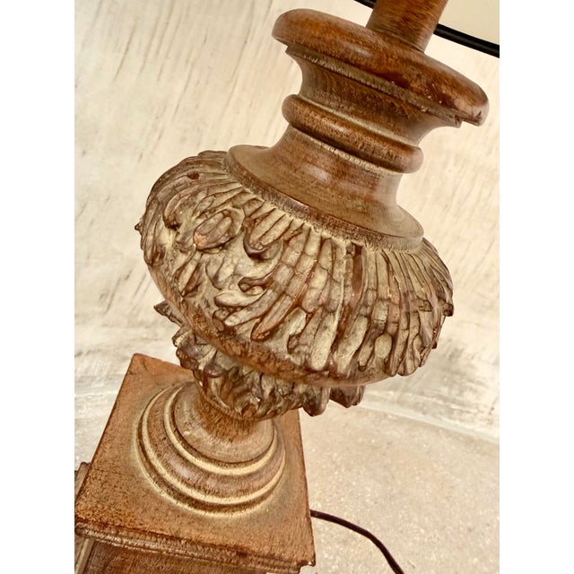 Late 20th Century Neoclassical-Style Faux Wood Urn Table Lamp, Detailed Baluster Pedestal & Contrasting Opaque Black Drum Shade For Sale - Image 5 of 11