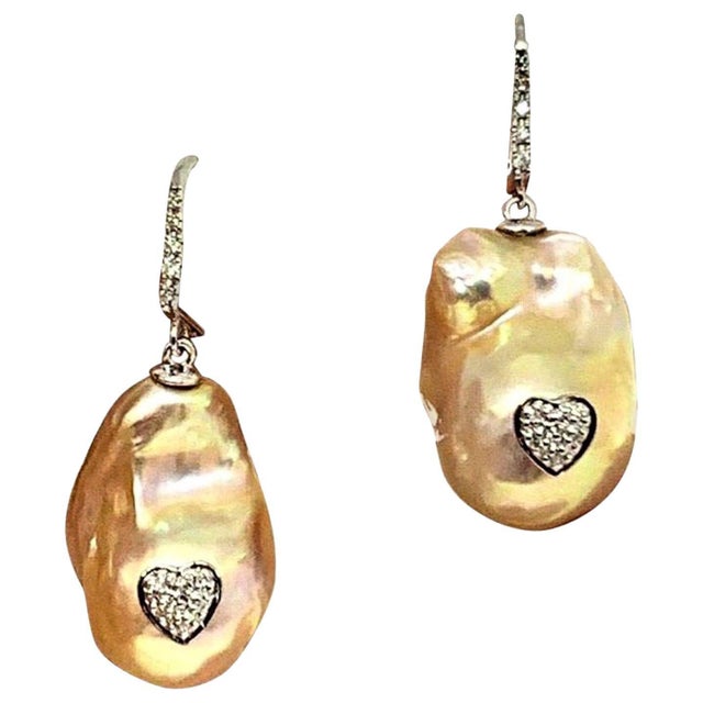 Diamond Baroque Fresh Water Yellow Pearl Earrings 14k Gold Certified For Sale In New York - Image 6 of 9