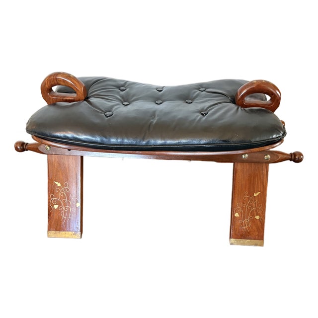 Vintage South Asian Brass-Inlaid Wood Camel Saddle Stool For Sale