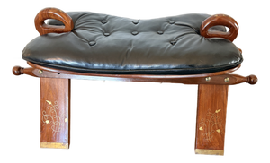 Vintage South Asian Brass-Inlaid Wood Camel Saddle Stool
