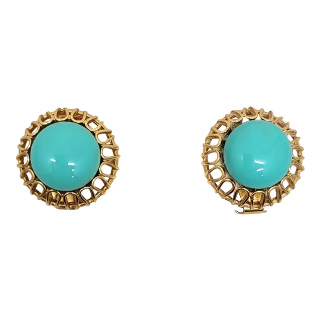 Vintage 1960s Signed Napier Round Goldtone Cabochon Faux-Turquoise Clip Earrings - 2 Pieces For Sale